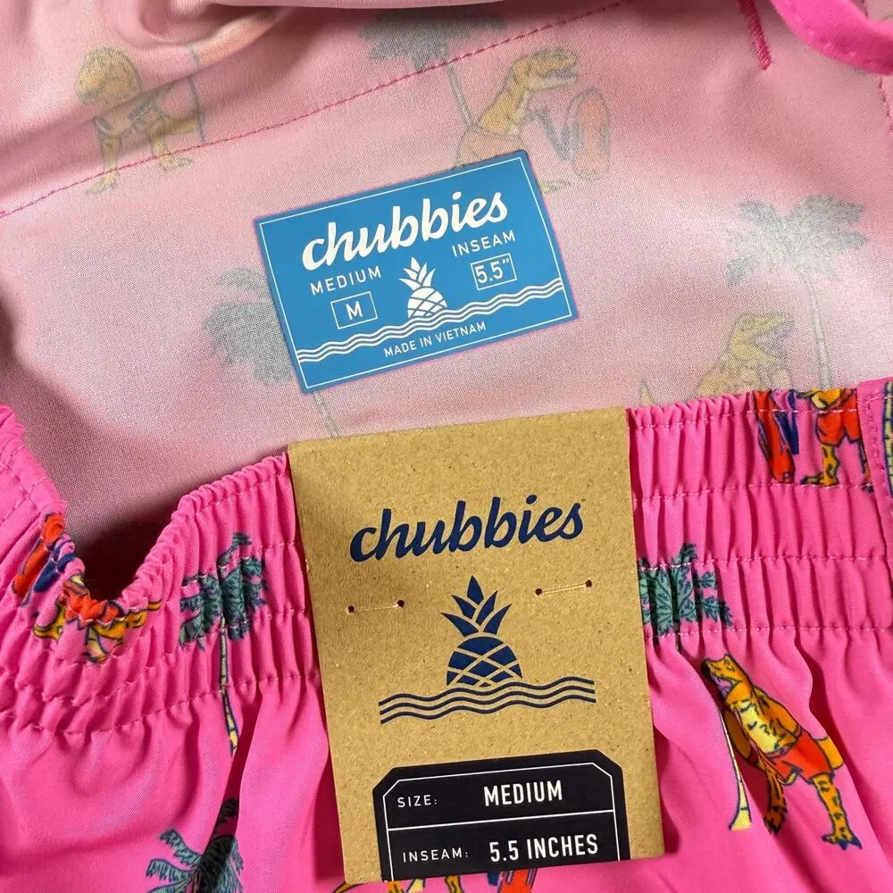 NWT Chubbies The Dino Racers pink tear-away trunks - swim suit funny  bold sz M